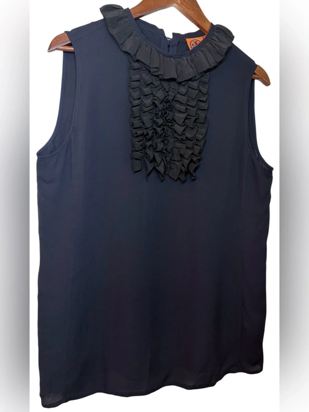 Tory Burch SILK Ruffled Bib Collar Sleeveless Blouse Top Navy Black Size 12